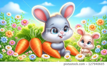 3D funny bunny cartoon with carrots 3D funny bunny cartoon with carrots 127940685