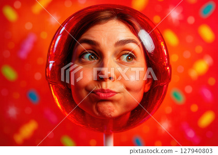 Whimsical Lollipop Portrait in Candy Wonderland with Glossy Red Bubble 127940803