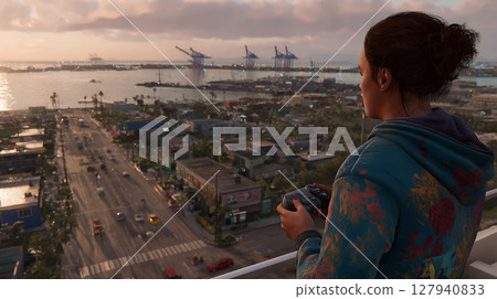 Photo of a woman (30s) in comfortable loungewear, sipping coffee on a modern balcony overlooking a city waking up at dawn. 127940833