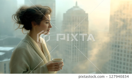 Photo of a woman (30s) in comfortable loungewear, sipping coffee on a modern balcony overlooking a city waking up at dawn. Photo of a woman (30s) in comfortable loungewear, sipping coffee on a modern balcony overlooking a city waking up at dawn. 127940834