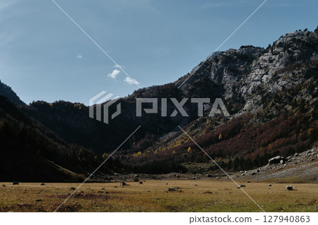 Forested slopes and rocky ridges in Ropojana Valley, Prokletije National Park, Montenegro, bathed in soft autumn light. Ropojansko jezero - dry mountain lake Forested slopes and rocky ridges in Ropojana Valley, Prokletije National Park, Montenegro, bathed in soft autumn light. Ropojansko jezero - dry mountain lake 127940863