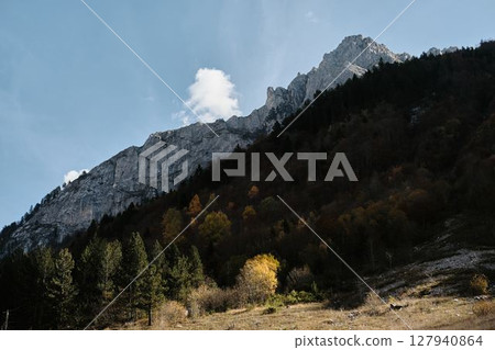 Dramatic cliffs rise above a forested slope dotted with golden autumn trees in Prokletije National Park, Montenegro, beneath a crisp blue sky. Ropojana valley mountains Dramatic cliffs rise above a forested slope dotted with golden autumn trees in Prokletije National Park, Montenegro, beneath a crisp blue sky. Ropojana valley mountains 127940864