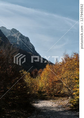 Narrow trail winding through vibrant autumn forest beneath steep cliffs in Prokletije National Park, Montenegro, a peaceful hiking scene Narrow trail winding through vibrant autumn forest beneath steep cliffs in Prokletije National Park, Montenegro, a peaceful hiking scene 127940892