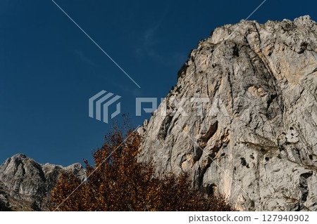 Sharp ridges and colorful forested slopes of the Prokletije mountains in autumn, captured in warm light under a clear blue sky. Nature of Montenegro Sharp ridges and colorful forested slopes of the Prokletije mountains in autumn, captured in warm light under a clear blue sky. Nature of Montenegro 127940902