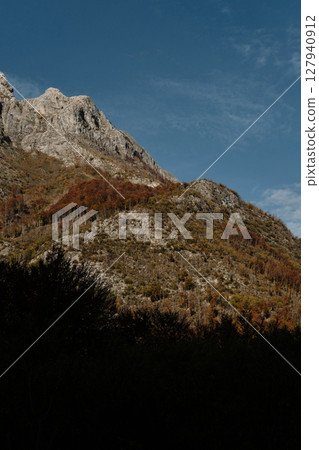 Sharp ridges and colorful forested slopes of the Prokletije mountains in autumn, captured in warm light under a clear blue sky. Nature of Montenegro Sharp ridges and colorful forested slopes of the Prokletije mountains in autumn, captured in warm light under a clear blue sky. Nature of Montenegro 127940912