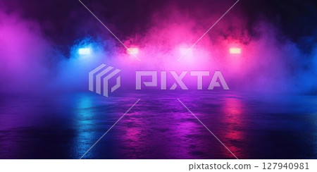 Neon Lights Illuminate a Foggy Night with Vibrant Colors, Creating a Dreamlike Atmosphere. Colorful Cyberpunk Style. 127940981