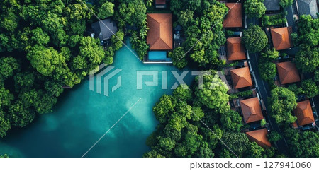 Tropical Resort Nestled in Lush Greenery with Tranquil Lagoon, Embracing Nature's Beauty. Tropical Resort Nestled in Lush Greenery with Tranquil Lagoon, Embracing Nature's Beauty. 127941060