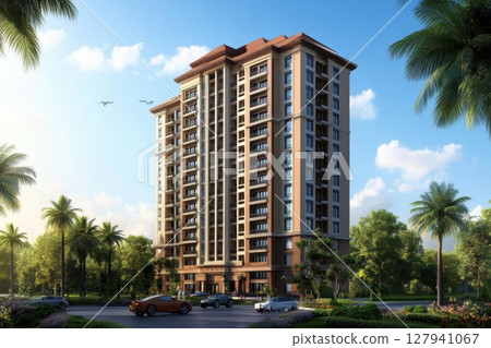 Modern Apartment Building Stands Tall with Lush Landscaping, Urban Living Concept. Modern Apartment Building Stands Tall with Lush Landscaping, Urban Living Concept. 127941067