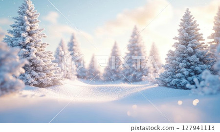 Snow Falls Gently on Pine Trees in Winter Wonderland. Christmas theme. 127941113