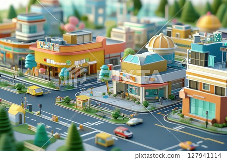 Miniature City Bustles with Tiny Cars and Buildings in Whimsical Town, Urban Design and Miniature World Concept. 127941114