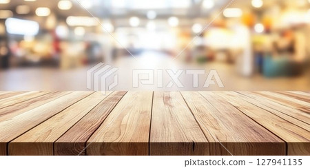 Empty Wooden Table Top Blurs Shopping Mall Background, Interior Design Concept 127941135