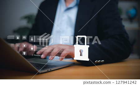 Businessman login information on laptop with cybersecurity and data privacy concept. Secure password protection, online identity verification Businessman login information on laptop with cybersecurity and data privacy concept. Secure password protection, online identity verification 127941242