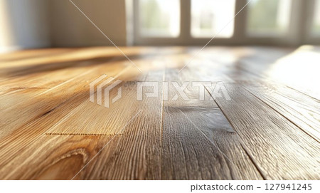 Sunlight illuminates polished wooden floor, home interior design, with natural light and shadows 127941245
