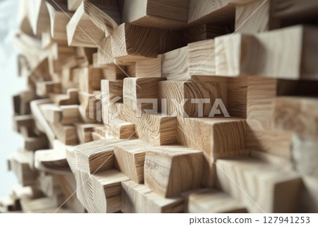Wooden Blocks Form Abstract Design with Rustic Texture and Geometric Shapes, Modern Art Installation. Wooden Blocks Form Abstract Design with Rustic Texture and Geometric Shapes, Modern Art Installation. 127941253