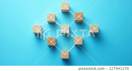 Wooden Cubes Connect with White String on Blue Background, Network Concept 127941270
