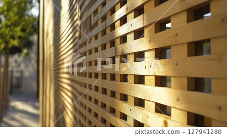Wooden Lattice Fence Creates Intriguing Pattern with Sunlight and Shadows. Outdoor Design Element. 127941280