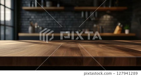 Empty Wooden Table Shows Kitchen Background with Blur Effect and Modern Design Theme. 127941289