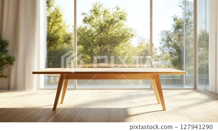 Wooden Table Stands in Room with Nature View and Sunlight, Minimalist Interior Design Theme. 127941290