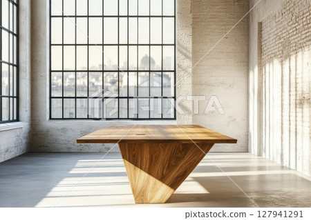 Modern Conference Room with Wooden Table, Concrete Floor and City View, Minimalist Design Theme. 127941291