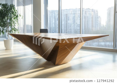Modern Wooden Table Stands in Bright Office Space with City View, Interior Design Concept. Modern Wooden Table Stands in Bright Office Space with City View, Interior Design Concept. 127941292