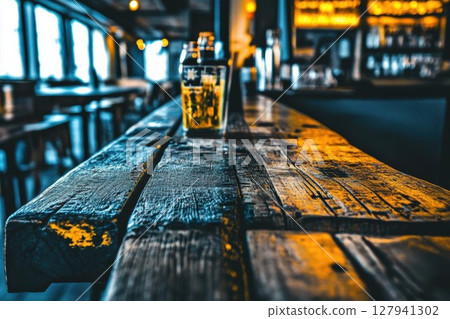 Empty Bar Counter Shows Rustic Wood Grain and Warm Lighting with Rustic Charm 127941302