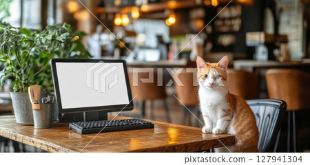 Cat Sits on Table near Computer in Cafe with Plants, Cozy Cafe Interior 127941304