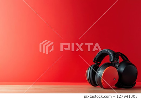 Headphones Sit On Wooden Table with Red Backdrop, Music Concept 127941305