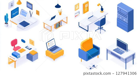 Modern Office Spaces Showcase Furniture, Decor, and Technology for Productive Work Environments. Remote Work Solutions and Ergonomic Design. Modern Office Spaces Showcase Furniture, Decor, and Technology for Productive Work Environments. Remote Work Solutions and Ergonomic Design. 127941306