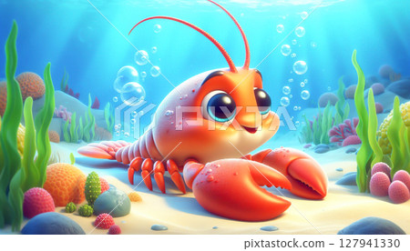 3D funny lobster cartoon on underwater background 127941330