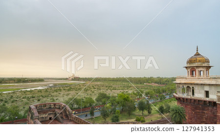 Taj Mahal as seen from the Musamman Burj in Agra Fort, India 127941353