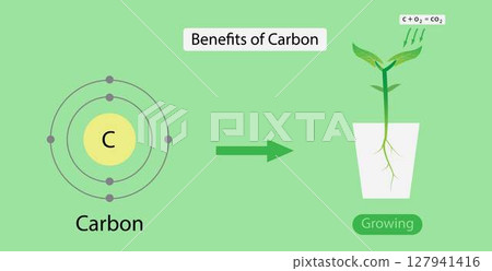 illustration of chemistry, Benefits of Carbon, Carbon is a component of carbon dioxide that is important to plant growth, Carbon dioxide is an essential component of photosynthesis 127941416