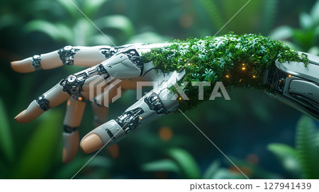 Robotic hand with vegetation. Futuristic concept of communion between technology and nature 127941439