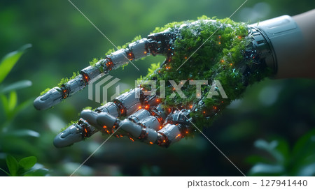 Robotic hand with vegetation. Futuristic concept of communion between technology and nature 127941440