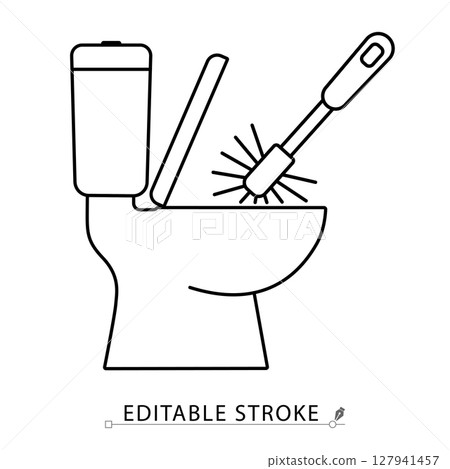 A toilet cleaning icon in minimalist style with editable stroke. Sanitation tool, bathroom hygiene, toilet brush in bowl, household cleaning, restroom maintenance, outline object 127941457