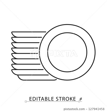 A stack of clean plates icon in minimalist style with editable stroke. Kitchen tableware, dishwashing result, organized dishes, household item, food serving, outline object, vector line illustration. A stack of clean plates icon in minimalist style with editable stroke. Kitchen tableware, dishwashing result, organized dishes, household item, food serving, outline object, vector line illustration. 127941458