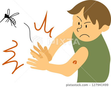 Illustration of a person who is bitten by a mosquito and tries to hit it but the mosquito escapes 127941499