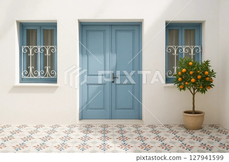 White Mediterranean Style House with Blue Doors and Sunny Atmosphere 127941599
