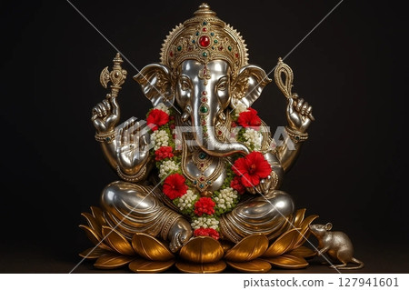 Silver Statue of Indian Elephant God Ganesha with Intricate Details 127941601