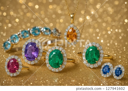 Jewelry Collection Featuring Colorful Gemstones in Elegant Designs 127941602
