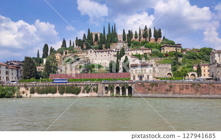 Castel San Pietro overlooking river Adige in Verona, Italy. Castel San Pietro overlooking river Adige in Verona, Italy. 127941685