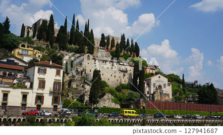 Castel San Pietro overlooking river Adige in Verona, Italy. 127941687