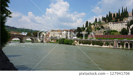 Castel San Pietro overlooking river Adige in Verona, Italy. Castel San Pietro overlooking river Adige in Verona, Italy. 127941706