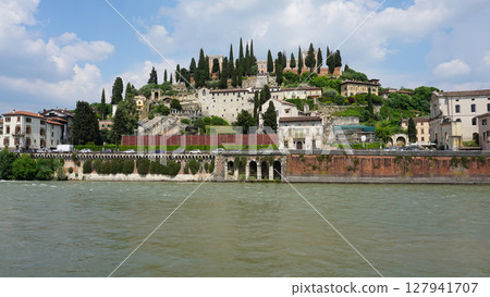 Castel San Pietro overlooking river Adige in Verona, Italy. 127941707