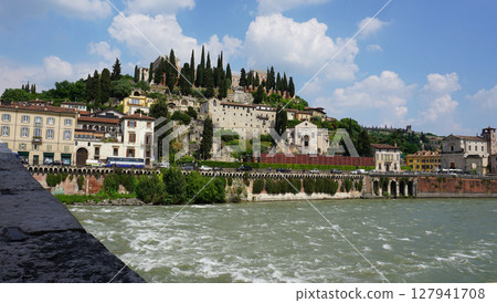 Castel San Pietro overlooking river Adige in Verona, Italy. Castel San Pietro overlooking river Adige in Verona, Italy. 127941708