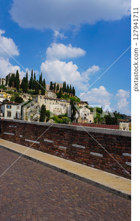 Castel San Pietro overlooking river Adige in Verona, Italy. 127941711