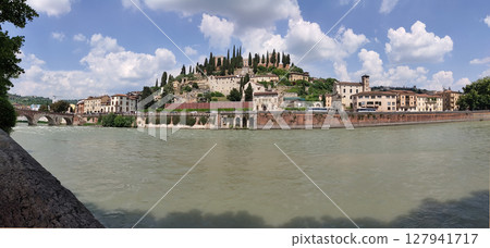 Castel San Pietro overlooking river Adige in Verona, Italy. Castel San Pietro overlooking river Adige in Verona, Italy. 127941717