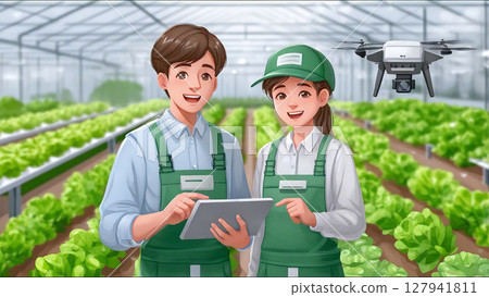 Illustration of a farmer operating a tablet and a drone in an indoor farm [Smart Agriculture] 127941811