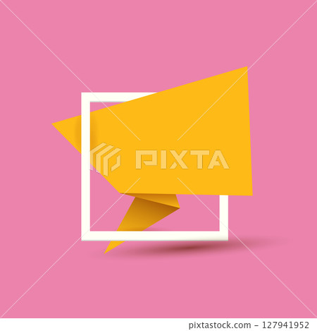 Orange origami speech bubble or banner isolated on pink background. Ribbon banner, scroll, price tag, sticker, badge, poster. Vector cover design template Orange origami speech bubble or banner isolated on pink background. Ribbon banner, scroll, price tag, sticker, badge, poster. Vector cover design template 127941952
