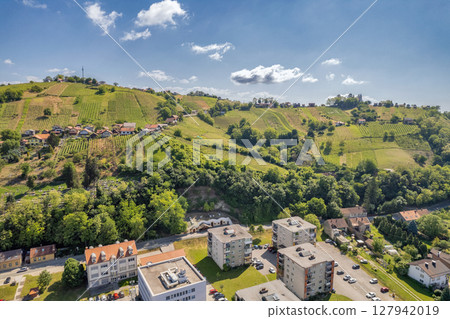 Vineyard hills village aerial photography in Lendava, Slovenia. Vineyard hills village aerial photography in Lendava, Slovenia. 127942019