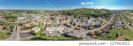 Aerial panoramic view town rolling hills countryside. Slovenia, Lendava. 127942021